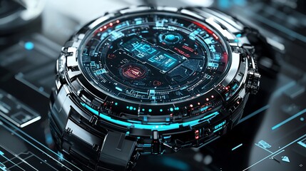 Poster - Futuristic smartwatch with digital display and metallic casing.