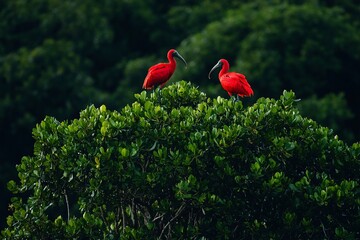 Poster - Two scarlet ibises perched atop lush green foliage, facing each other against a dark green background.