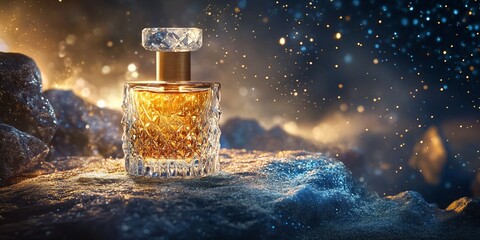 Poster - Luxurious perfume bottle on rocks with magical light effects.