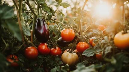 Poster - Ripe tomatoes and eggplants growing on vines in a garden at sunset.