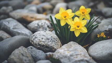 Poster - Three vibrant yellow daffodils bloom amidst a bed of grey stones.