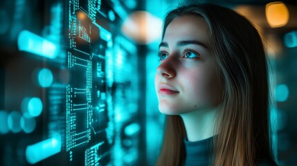 Aufkleber - Young woman looking at futuristic digital interface.