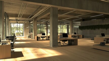 Leinwandbilder - Sunlit modern office interior with wood floors, concrete pillars, and workstations.