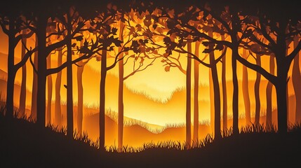 Poster - Sunset silhouette of trees in a forest landscape.