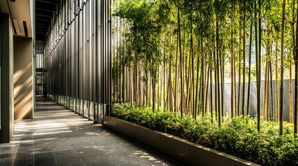 Poster - Sunlit walkway with bamboo grove and modern architecture.