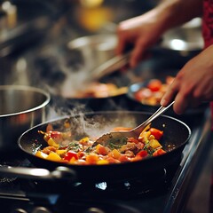 Poster - Chef cooking colorful vegetable stir-fry in a professional kitchen.