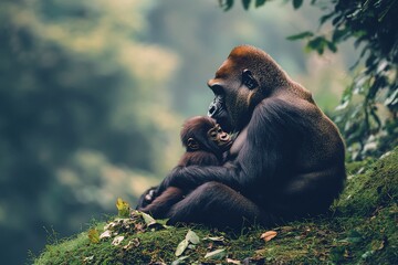 Poster - A female gorilla tenderly cradles her infant in a lush green forest setting.