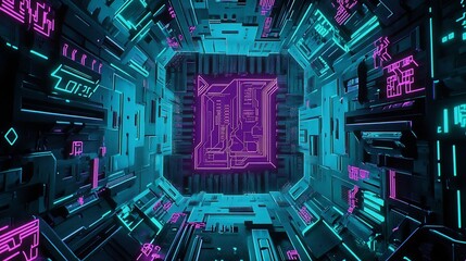 Fototapete - Abstract neon tunnel with glowing purple circuitry.
