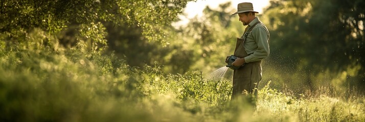 Poster - Farmer examining plants in a sunlit field.