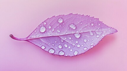 Poster - Single pink leaf with water droplets on pink background.