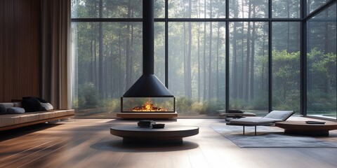 Poster - Modern living room with fireplace and large windows overlooking a forest.