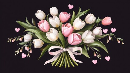 Wall Mural - Elegant bouquet of tulips with hearts on a dark background