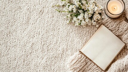 Poster - Cozy flat lay with a book, flowers, and a candle