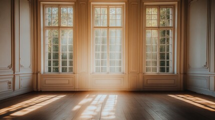 Leinwandbilder - Sunlight streams through large windows in an empty, elegant room with hardwood floors and white walls.