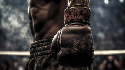 Poster - Close-up of a boxer's worn leather glove in a boxing ring.