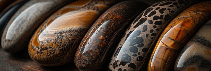 Poster - Close-up of polished, multicolored, oval-shaped stones arranged in a row.