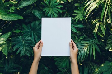 Aufkleber - Hands holding blank white paper against lush green tropical foliage backdrop.