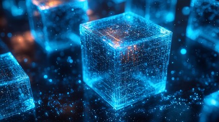 Poster - Glowing blue digital cubes with network connections.