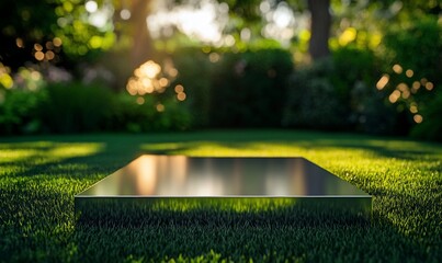 Poster - Shiny square platform on green grass, sunlight through trees.