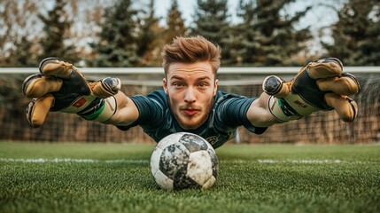 Poster - Goalkeeper dives, arms outstretched, protecting soccer ball on grass field.