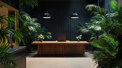 Aufkleber - Modern wooden reception desk in a lush, tropical interior with dark walls and abundant plants.