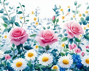 Poster - Vibrant pink roses and daisies in a lush garden setting.