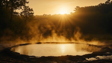 Poster - Golden sunrise over a steaming geothermal pool in a tranquil forest.