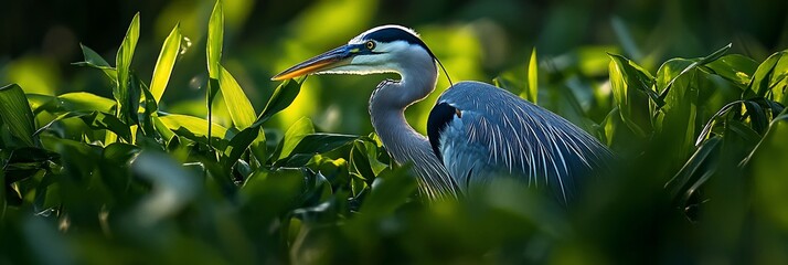Aufkleber - Great blue heron hidden in lush green foliage, sunlight illuminating its feathers.