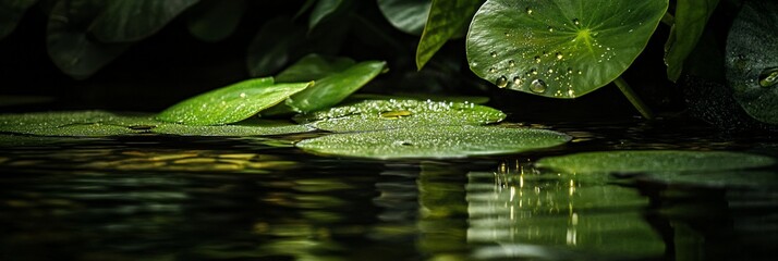 Poster - Lush green lily pads float on calm, dark water, reflecting the surrounding foliage.