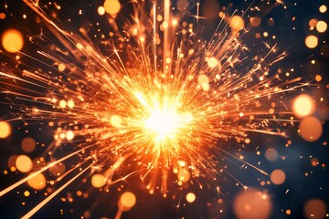 Poster - Bright burning sparkler with glowing embers and bokeh lights on dark background.