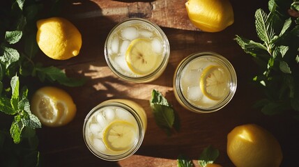 Poster - Three glasses of iced lemonade with lemon slices and mint leaves on a wooden surface.
