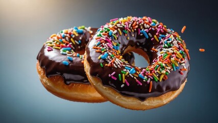 Wall Mural - Two chocolate-covered donuts topped with colorful sprinkles, floating against a gradient background.