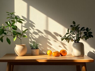 Aufkleber - Sunlit wooden table with potted plants, citrus fruits, and shadows cast on a white wall.