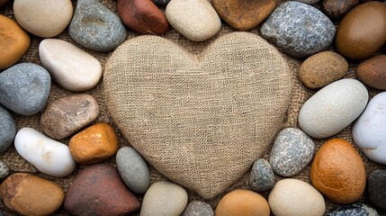 Poster - Burlap heart surrounded by colorful stones on burlap background.