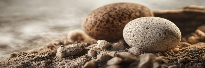 Poster - Two speckled stones nestled in brown sand and small rocks.
