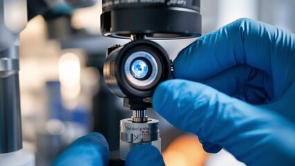Aufkleber - a technicians gloved hands adjusting a robotic eye sensor with a blurred background of machines and 