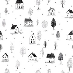 Wall Mural - A charming illustration of cozy houses and trees creating a whimsical village scene