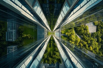Poster - Aerial view of modern skyscrapers and green spaces, symmetrical composition.
