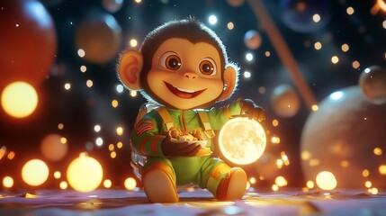 Poster - Cute cartoon monkey astronaut holding moon in space.