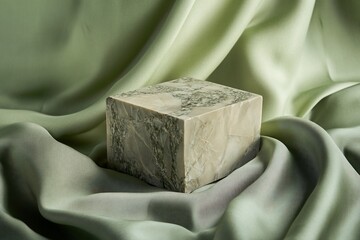 Leinwandbilder - Green silk fabric draped around a square stone block.