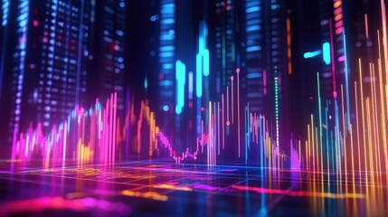 Poster - Abstract depiction of financial graphs and charts in neon colors