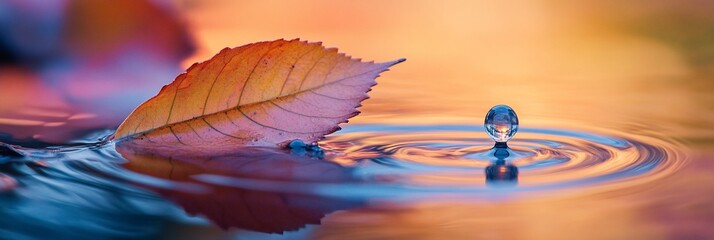 Poster - Autumn leaf floats on calm water, a droplet falls creating ripples at sunset.