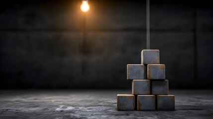 Poster - Rustic steel cubes stacked in a dark, moody setting, illuminated by a single overhead bulb.  A sense of mystery and industrial strength pervades the scene.