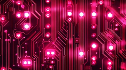 Fototapete - Close-up of a glowing pink circuit board with intricate details and illuminated nodes.