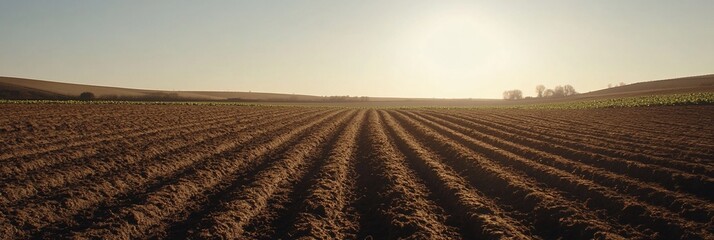 Poster - Sunlit plowed field at sunset, showing rows of tilled soil.