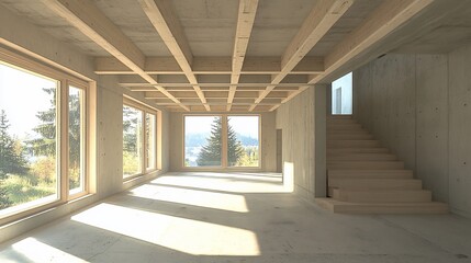 Leinwandbilder - Modern minimalist house interior with large windows, wooden beams, and concrete walls. Sunlight streams through windows, illuminating empty space.