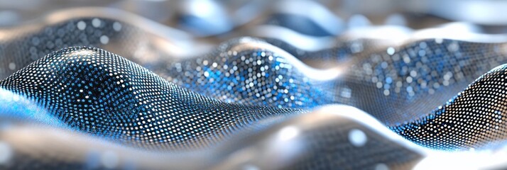 Poster - Abstract blue and silver wave pattern, digital rendering of flowing data points.