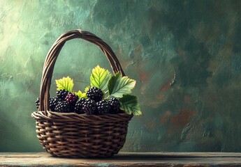 Poster - Ripe blackberries in a rustic wicker basket on a wooden table against a dark green background.