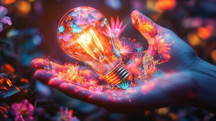 Poster - Glowing lightbulb in hand, surrounded by vibrant flowers, symbolizing innovative ideas and nature's beauty.