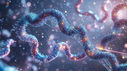 Poster - Microscopic view of DNA strands, glowing particles, and a laser beam.